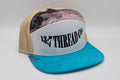 White, blue, tan 7 panel snapback hat - Arc Font